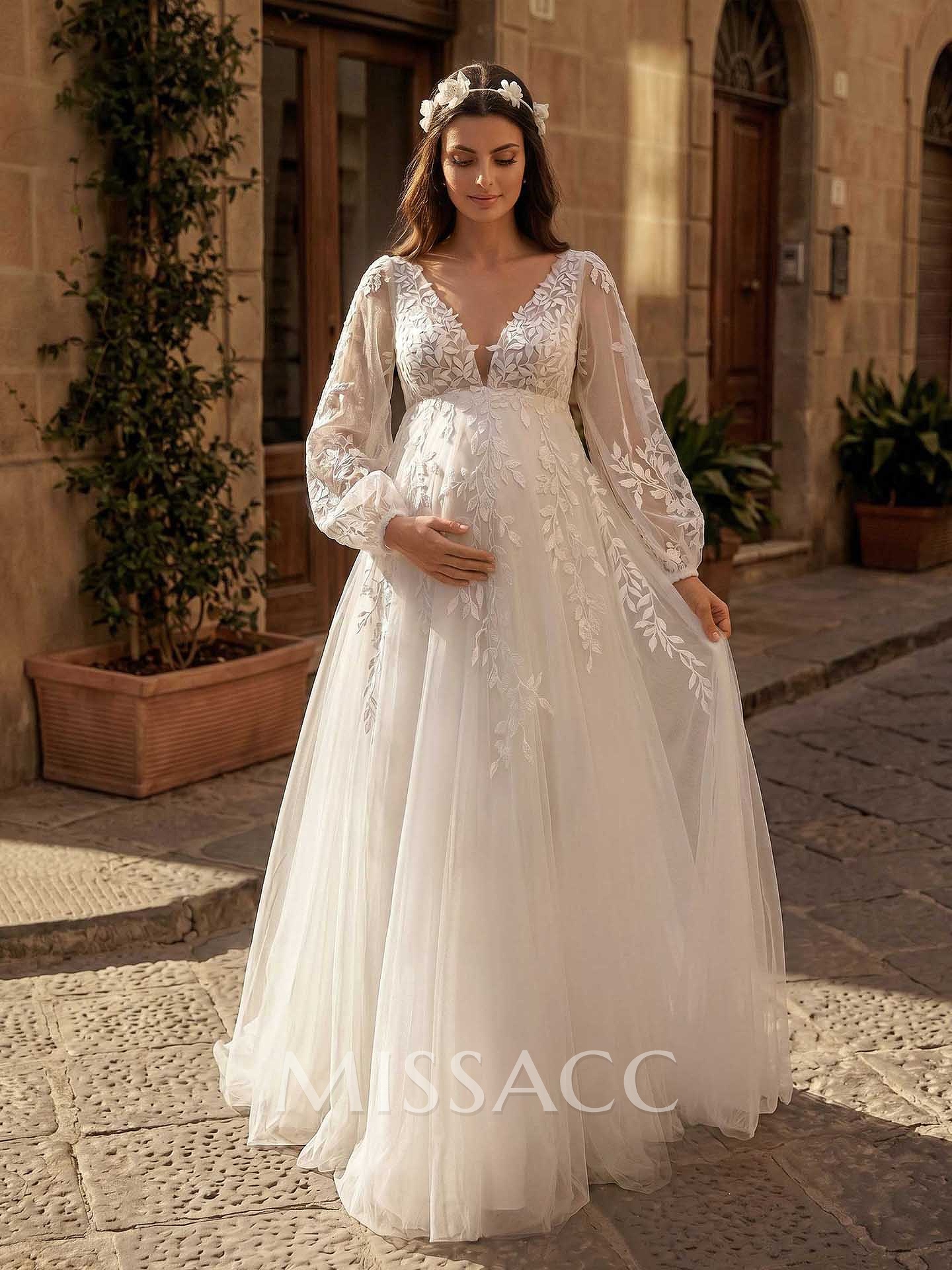 A-Line V-Neck Long Sleeves Floor-Length Satin/Tulle Maternity Wedding Dresses With Appliques Lace