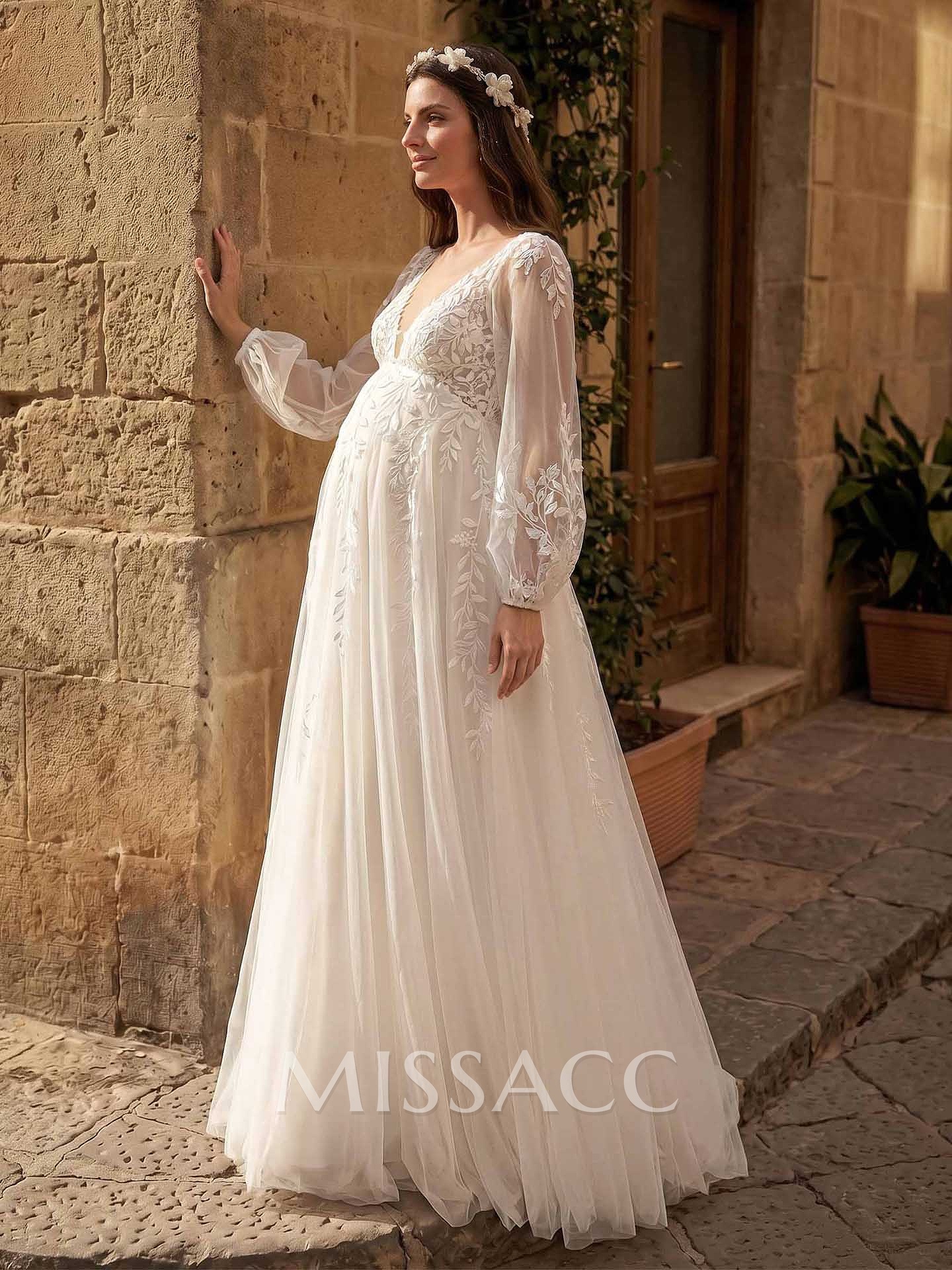 A-Line V-Neck Long Sleeves Floor-Length Satin/Tulle Maternity Wedding Dresses With Appliques Lace