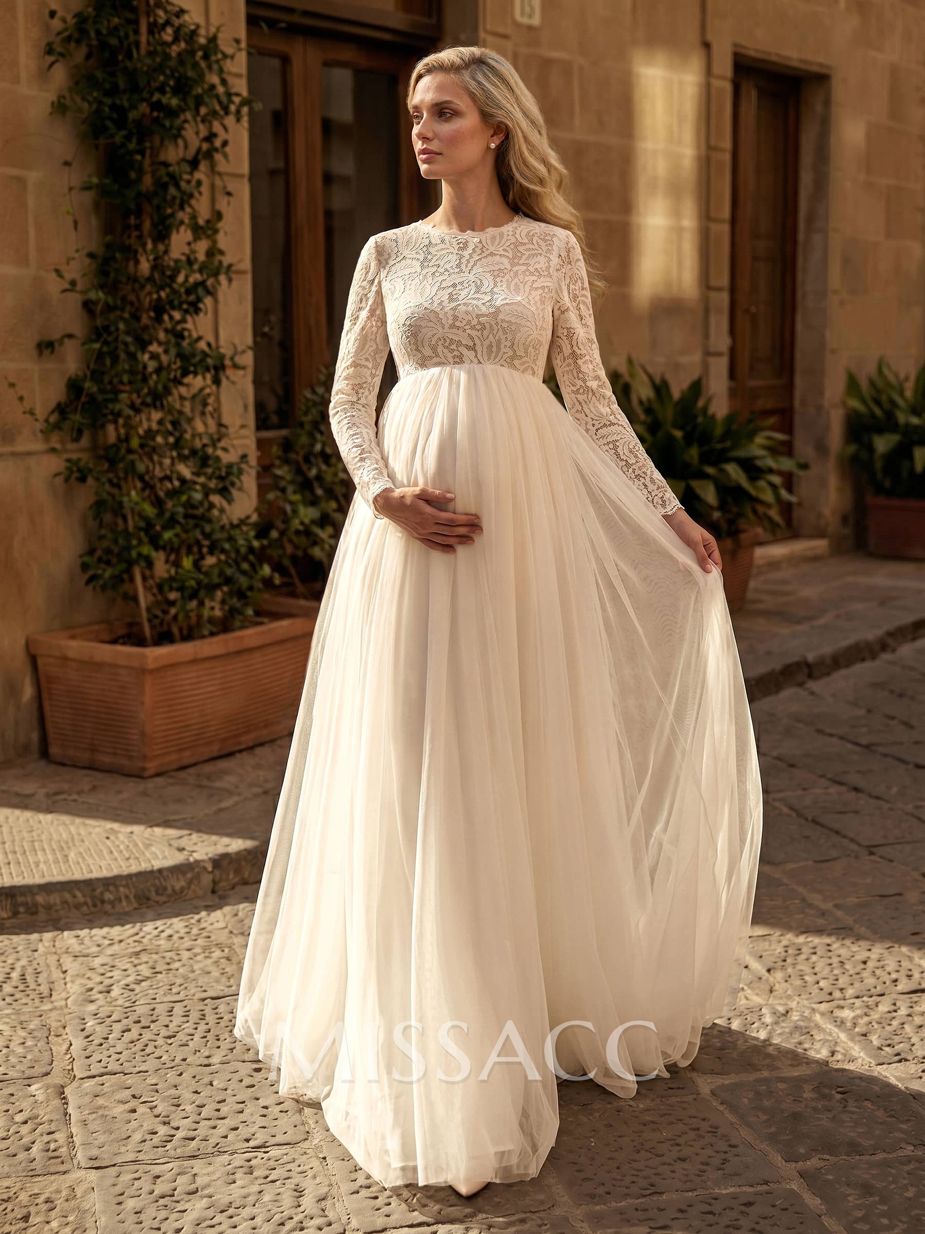 A-Line Scoop Neck Long Sleeves Floor-Length Satin/Tulle Maternity Wedding Dresses With Lace