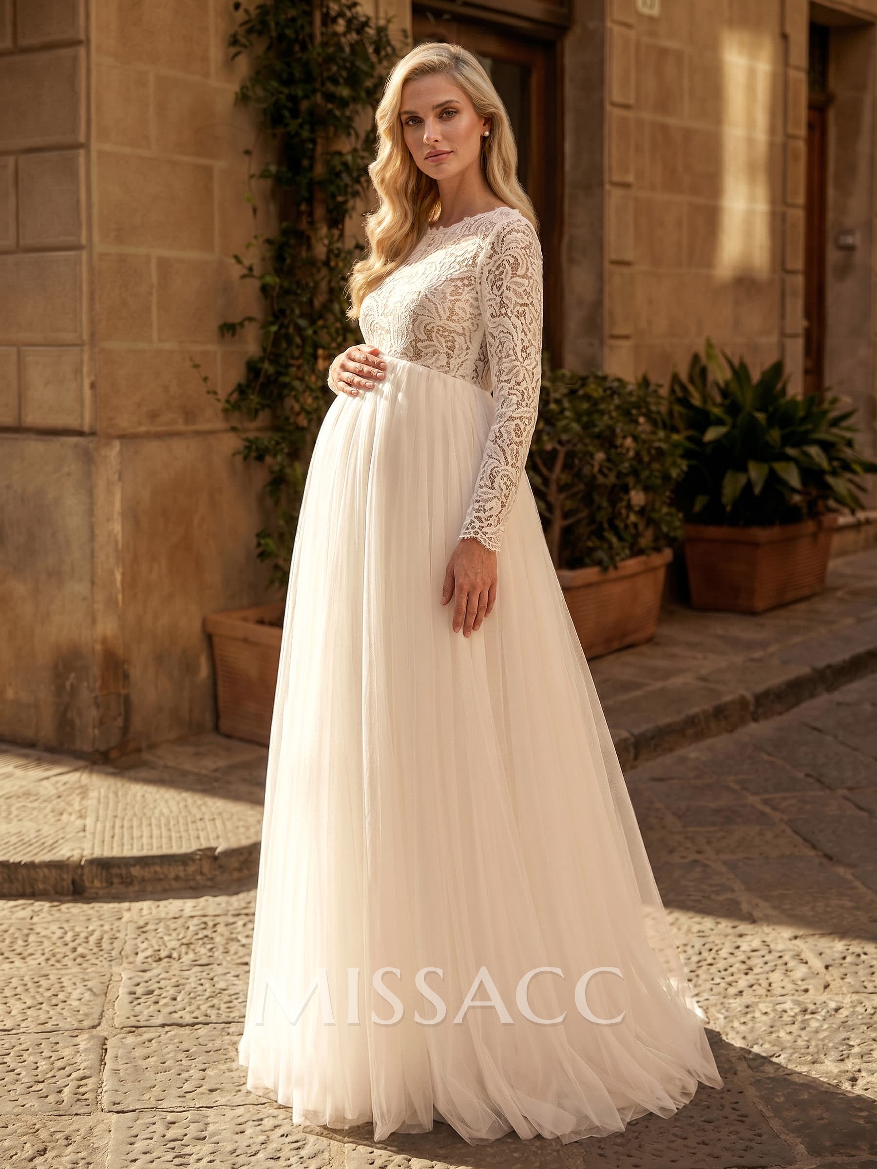 A-Line Scoop Neck Long Sleeves Floor-Length Satin/Tulle Maternity Wedding Dresses With Lace