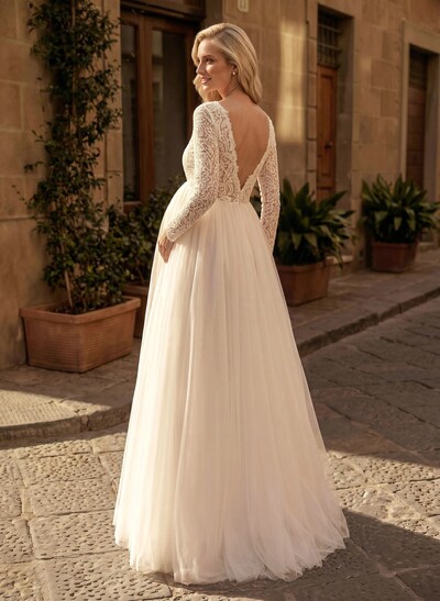 A-Line Scoop Neck Long Sleeves Floor-Length Satin/Tulle Maternity Wedding Dresses With Lace