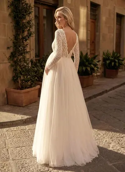 A-Line Scoop Neck Long Sleeves Floor-Length Satin/Tulle Maternity Wedding Dresses With Lace