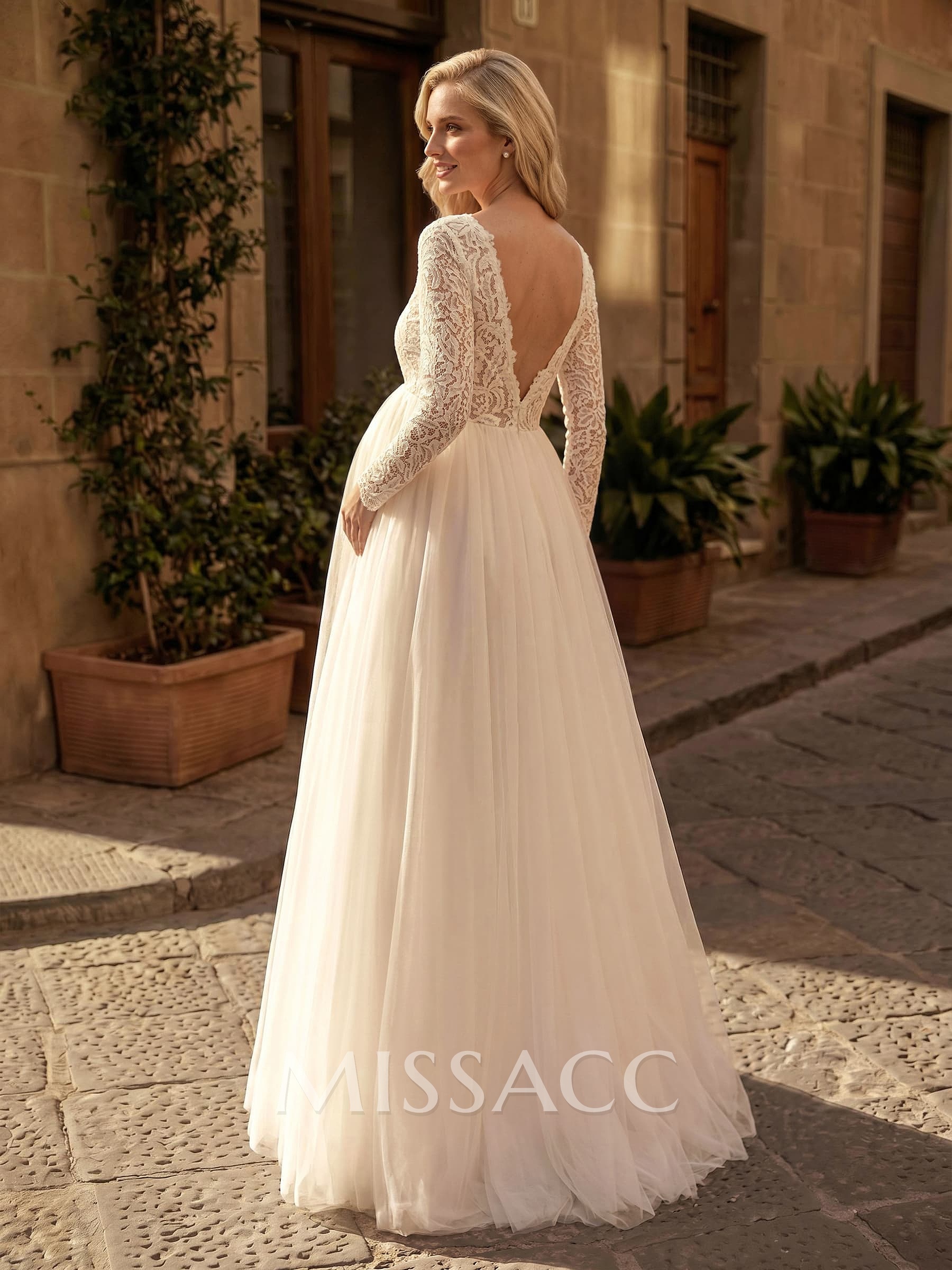 A-Line Scoop Neck Long Sleeves Floor-Length Satin/Tulle Maternity Wedding Dresses With Lace
