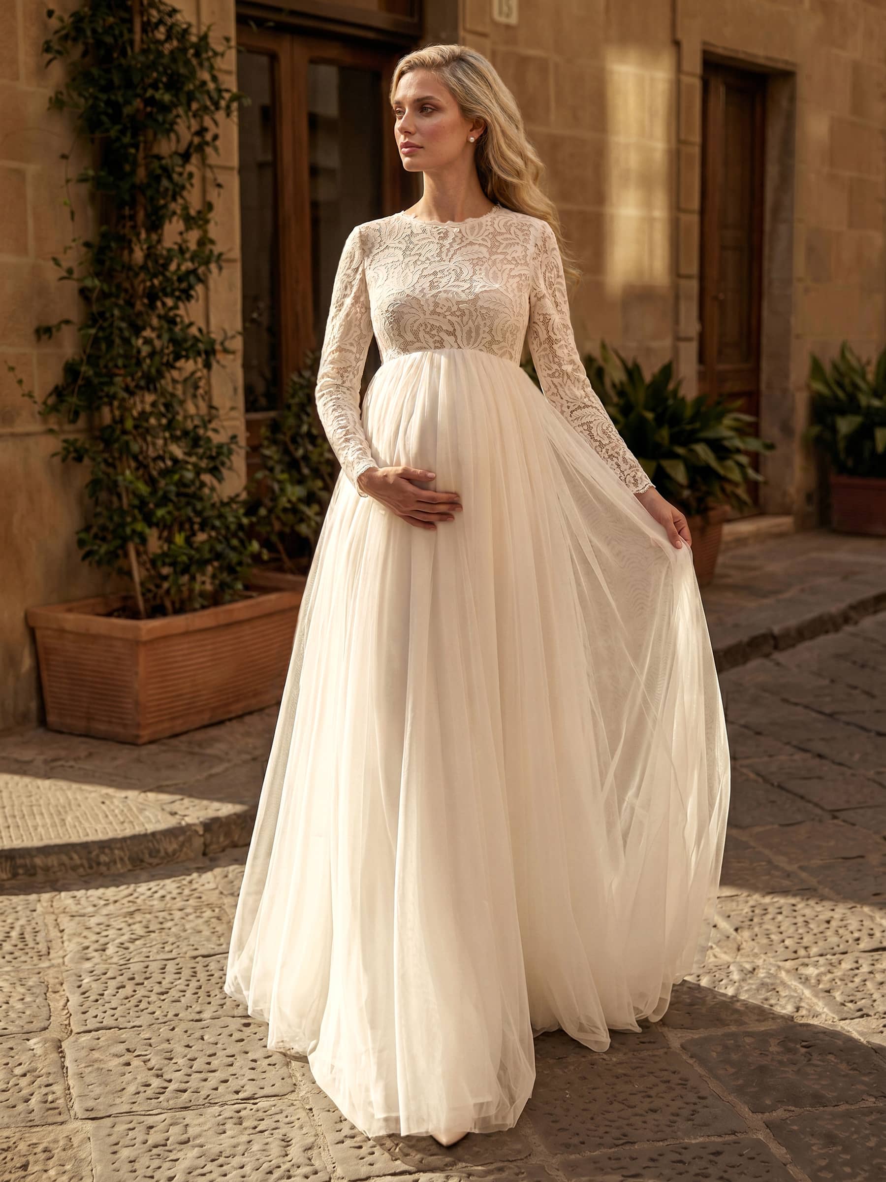 A-Line Scoop Neck Long Sleeves Floor-Length Satin/Tulle Maternity Wedding Dresses With Lace A-Line Scoop Neck Long Sleeves Floor-Length Satin/Tulle Maternity Wedding Dresses With Lace