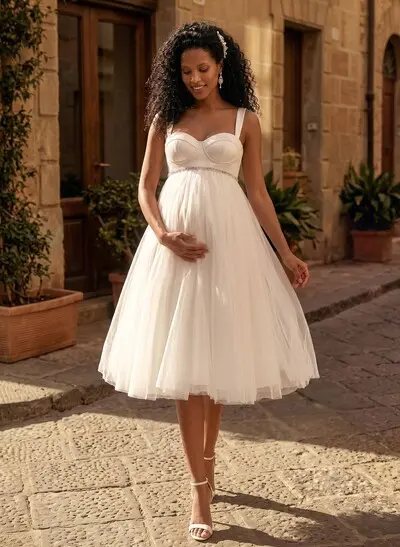 A-Line Sweetheart Sleeveless Tea-Length Satin/Tulle Maternity Wedding Dresses