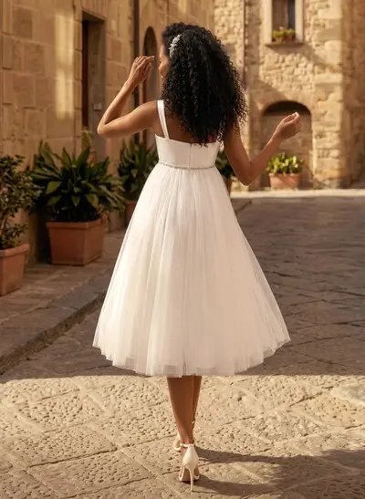 A-Line Sweetheart Sleeveless Tea-Length Satin/Tulle Maternity Wedding Dresses