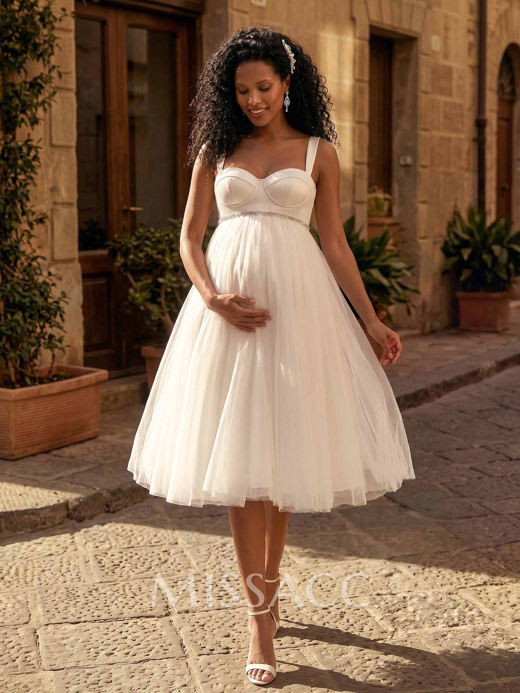 A-Line Sweetheart Sleeveless Tea-Length Satin/Tulle Maternity Wedding Dresses