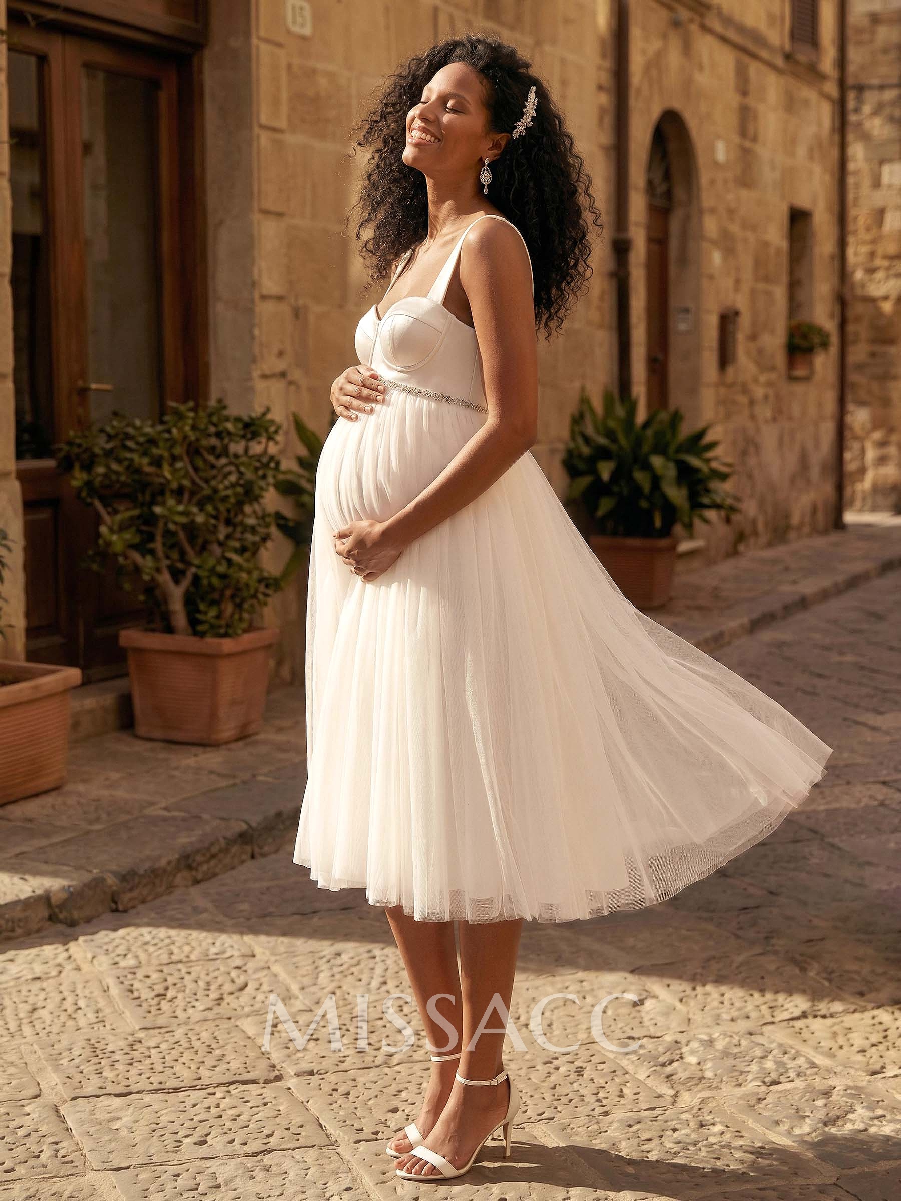 A-Line Sweetheart Sleeveless Tea-Length Satin/Tulle Maternity Wedding Dresses