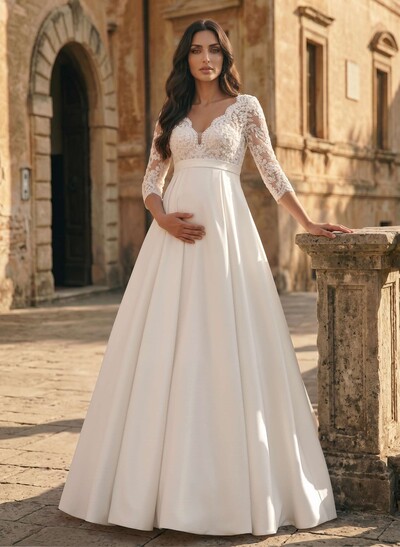 A-Line V-Neck 3/4 Sleeves Floor-Length Satin/Tulle Maternity Wedding Dresses With Appliques Lace