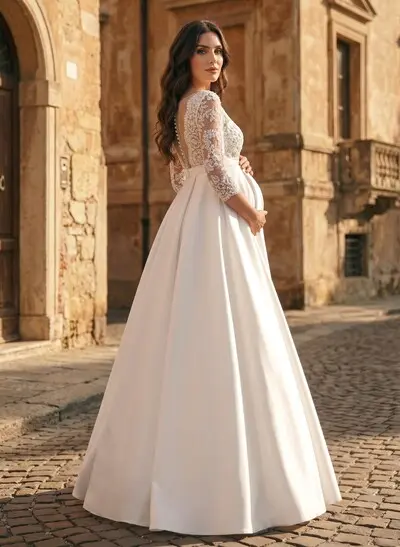 A-Line V-Neck 3/4 Sleeves Floor-Length Satin/Tulle Maternity Wedding Dresses With Appliques Lace