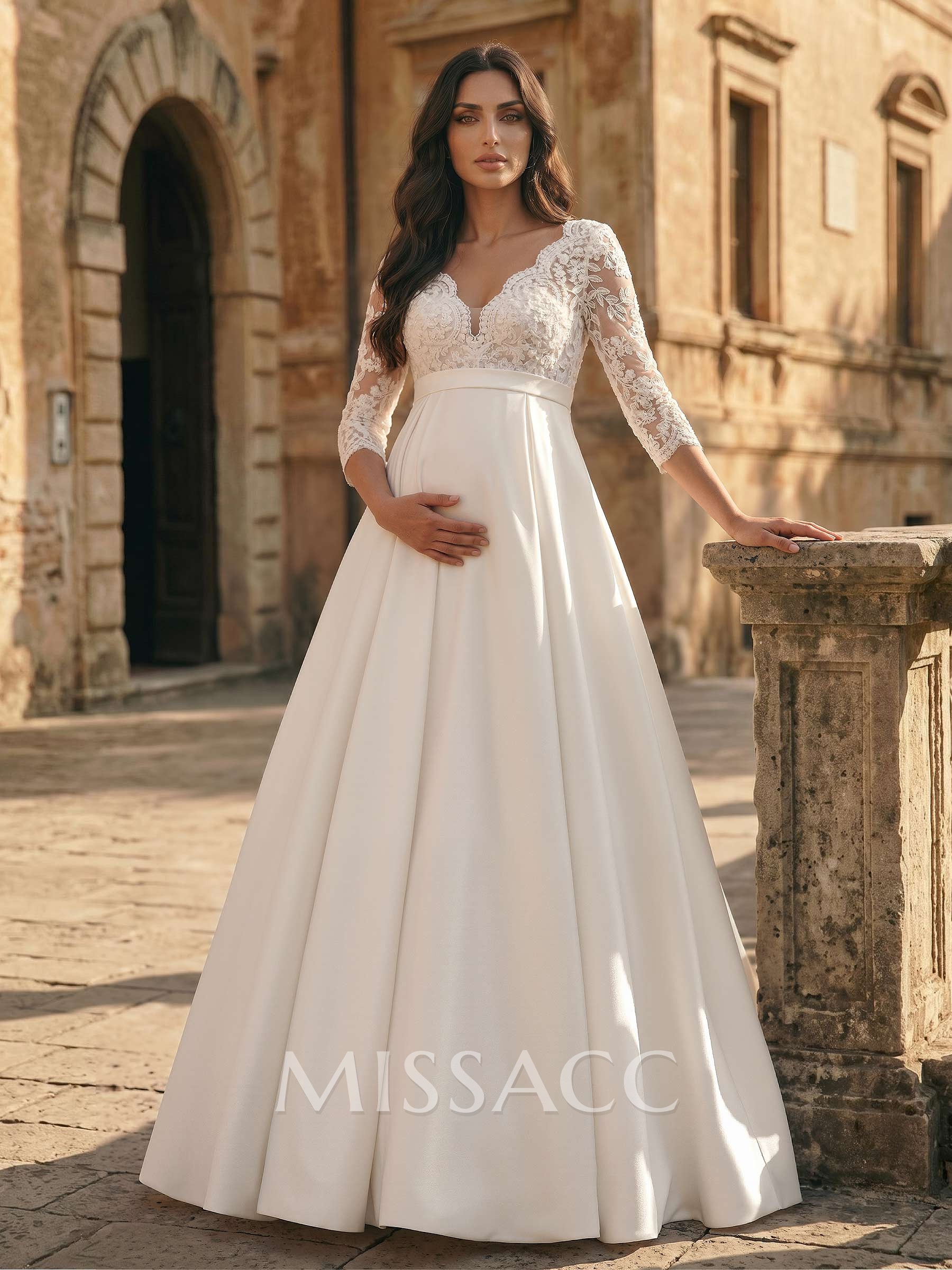 A-Line V-Neck 3/4 Sleeves Floor-Length Satin/Tulle Maternity Wedding Dresses With Appliques Lace