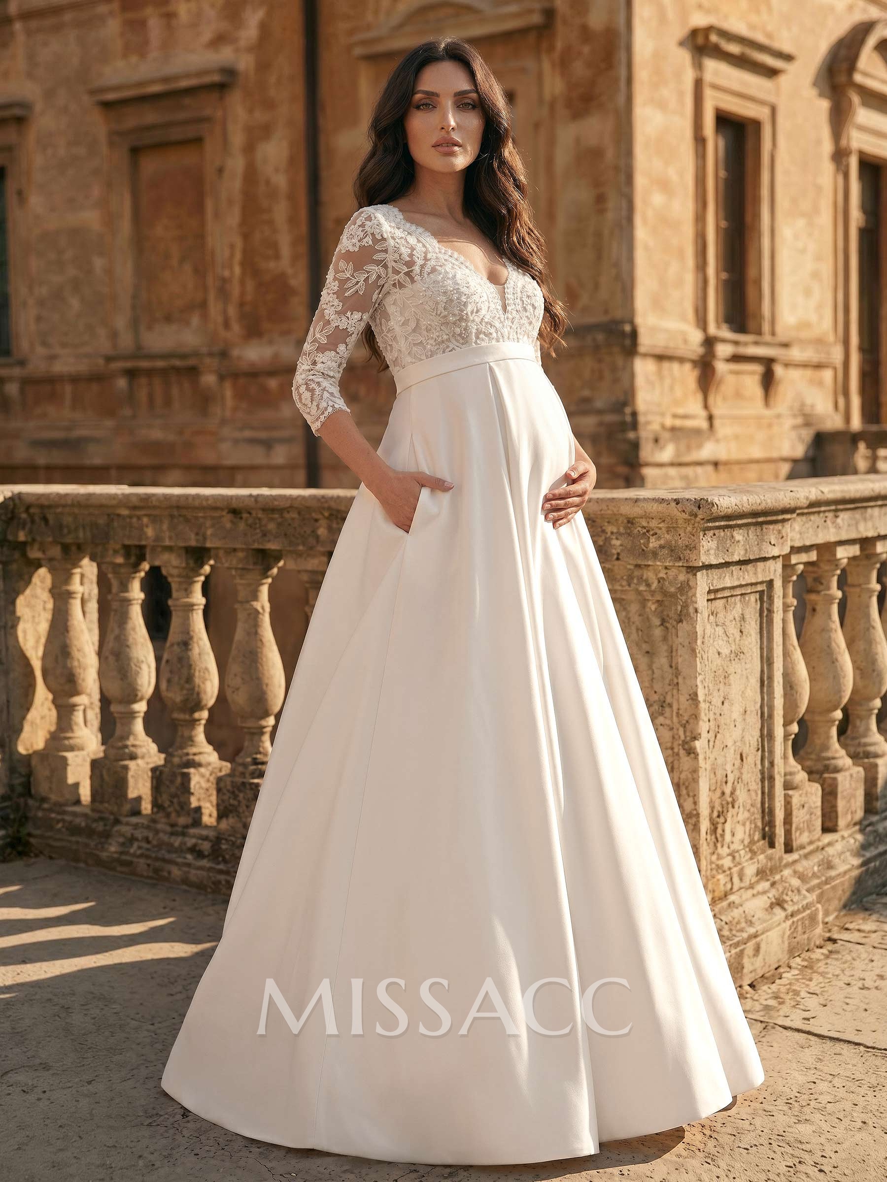 A-Line V-Neck 3/4 Sleeves Floor-Length Satin/Tulle Maternity Wedding Dresses With Appliques Lace