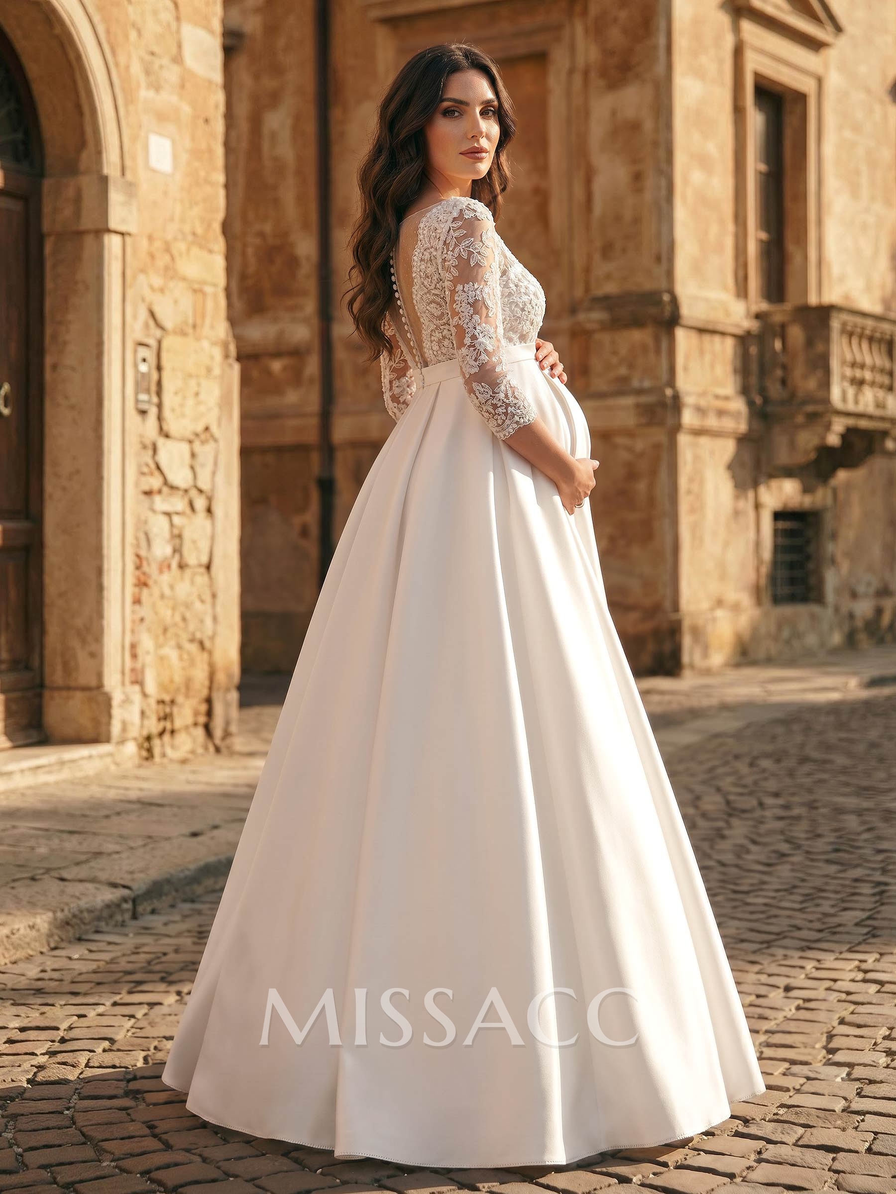 A-Line V-Neck 3/4 Sleeves Floor-Length Satin/Tulle Maternity Wedding Dresses With Appliques Lace
