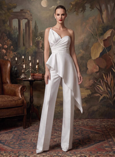 Two Piece Asymmetrical Sleeveless Floor-Length Matte Satin Wedding Dresses