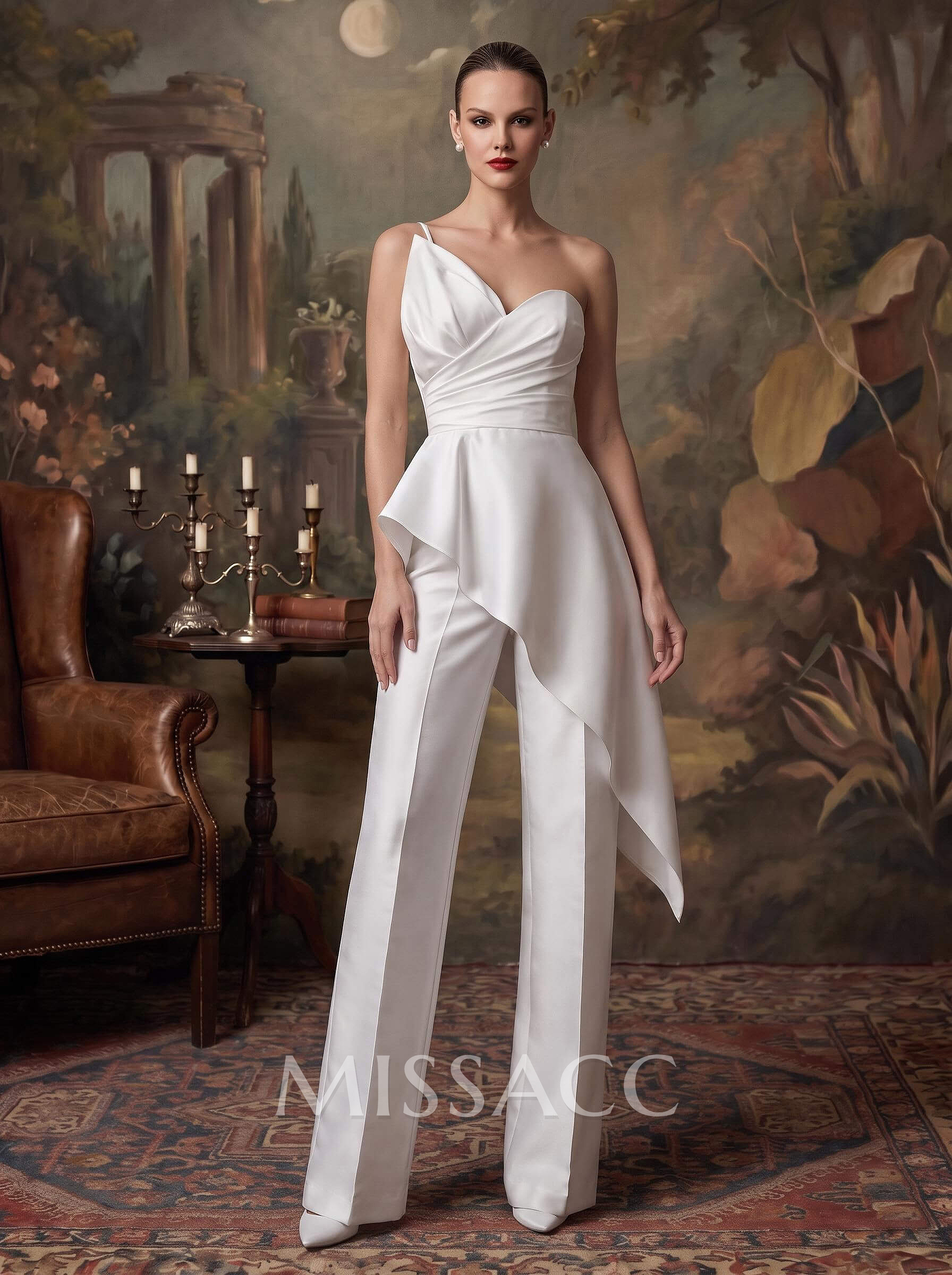 Two Piece Asymmetrical Sleeveless Floor-Length Matte Satin Wedding Dresses