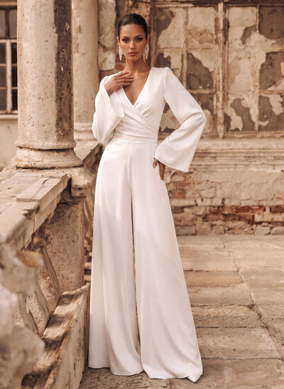 Elegant Jumpsuit/Pantsuit V-Neck Long Sleeves Floor-Length Crepe Satin Wedding Dresses