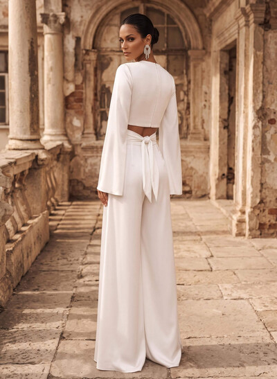 Elegant Jumpsuit/Pantsuit V-Neck Long Sleeves Floor-Length Crepe Satin Wedding Dresses