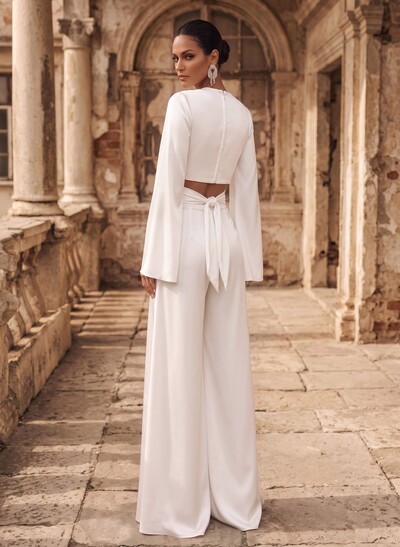 Elegant Bridal Jumpsuit / Trouser Suit, V-Neck, Long Sleeves, Floor-Length Crepe Satin Wedding Outfit