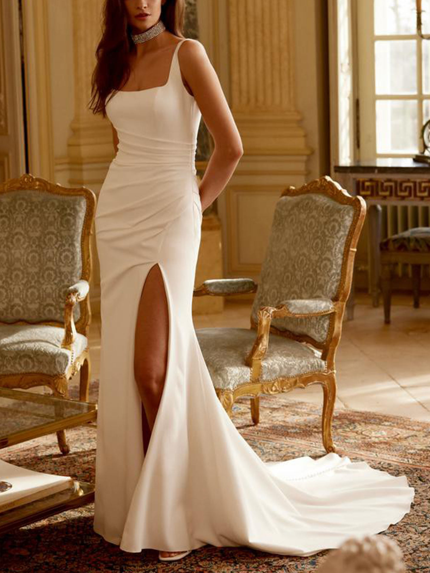 Trumpet/Mermaid V-Neck Short Sleeves Floor-Length Elastic Satin Wedding Dresses