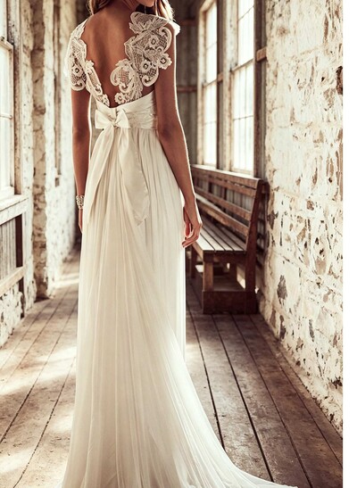 Sheath/Column V-Neck Sleeveless Court Train Chiffon/Tulle Wedding Dresses With Bow(s)