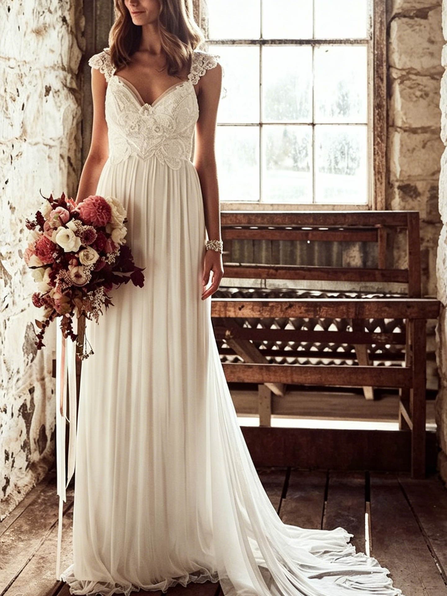 Sheath/Column V-Neck Sleeveless Court Train Chiffon/Tulle Wedding Dresses With Bow(s)
