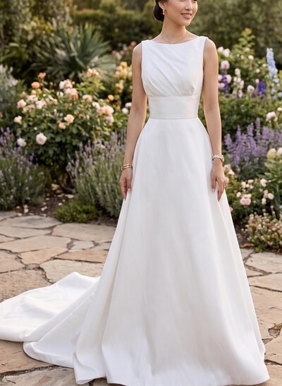 A-Line Scoop Neck Sleeveless Court Train Satin Bride Wedding Dress