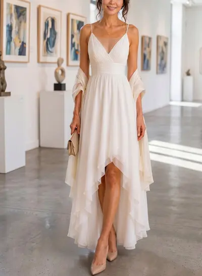A-Line V-Neck Sleeveless Asymmetrical Chiffon Bride Wedding Dress With Ruffle/Pleated
