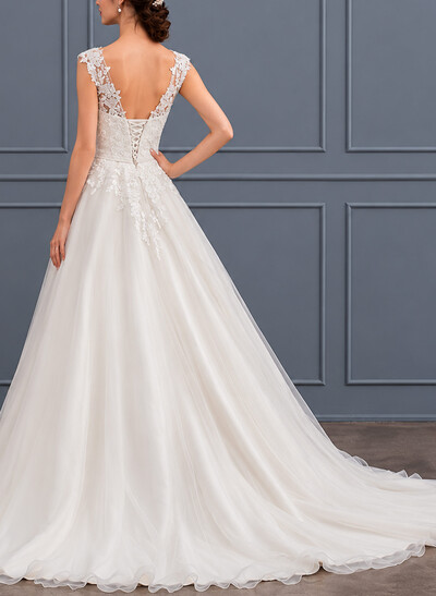 A-Line Scoop Neck Sleeveless Court Train Tulle Bride Wedding Dress With Appliques Lace