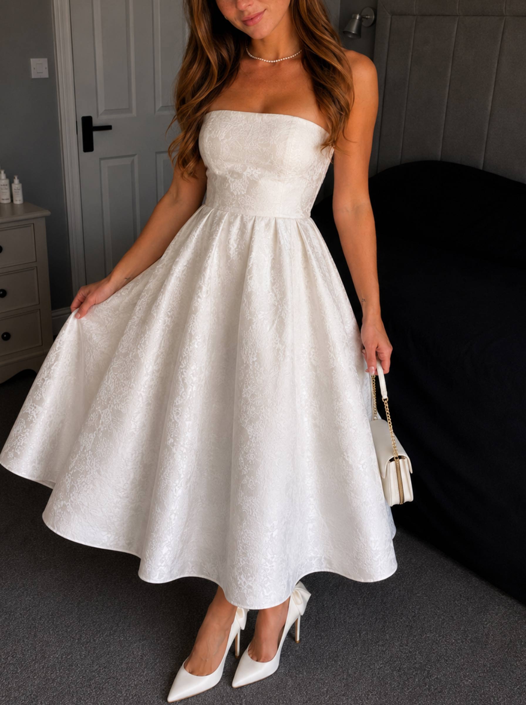 A-Line Strapless Sleeveless Ankle-Length Bride Wedding Dress