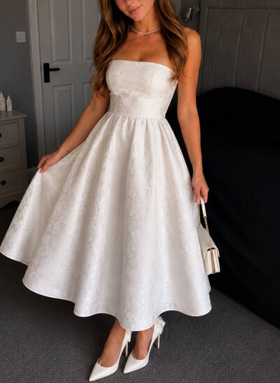 A-Line Strapless Sleeveless Ankle-Length Bride Wedding Dress