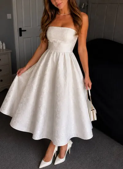 A-Line Strapless Sleeveless Ankle-Length Bride Wedding Dress