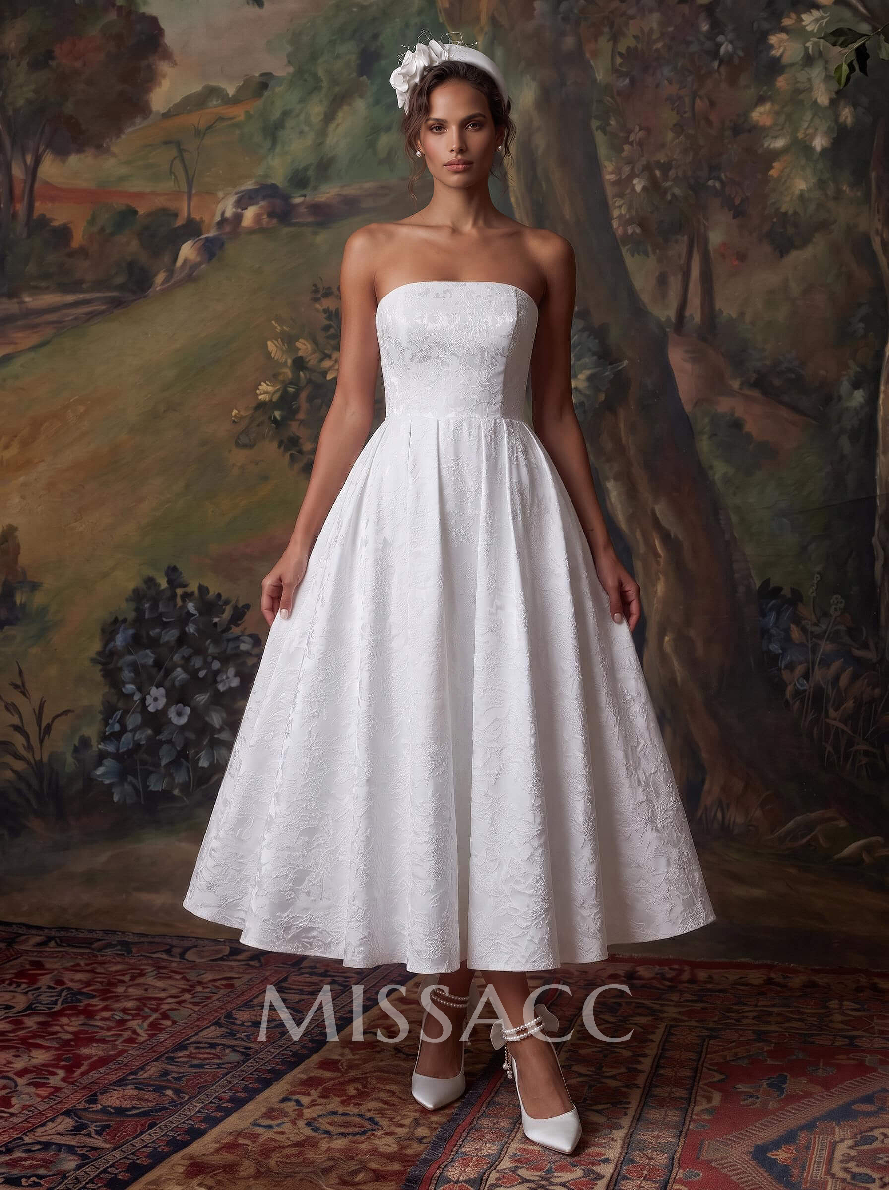 A-Line Strapless Sleeveless Ankle-Length Wedding Dress