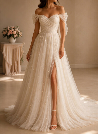 A-Line Off-The-Shoulder Sleeveless Court Train Satin/Tulle Wedding With Bow(s)/Beading/High Split