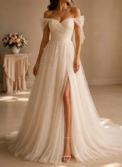A-Line Off-The-Shoulder Sleeveless Court Train Satin/Tulle Wedding With Bow(s)/Beading/High Split