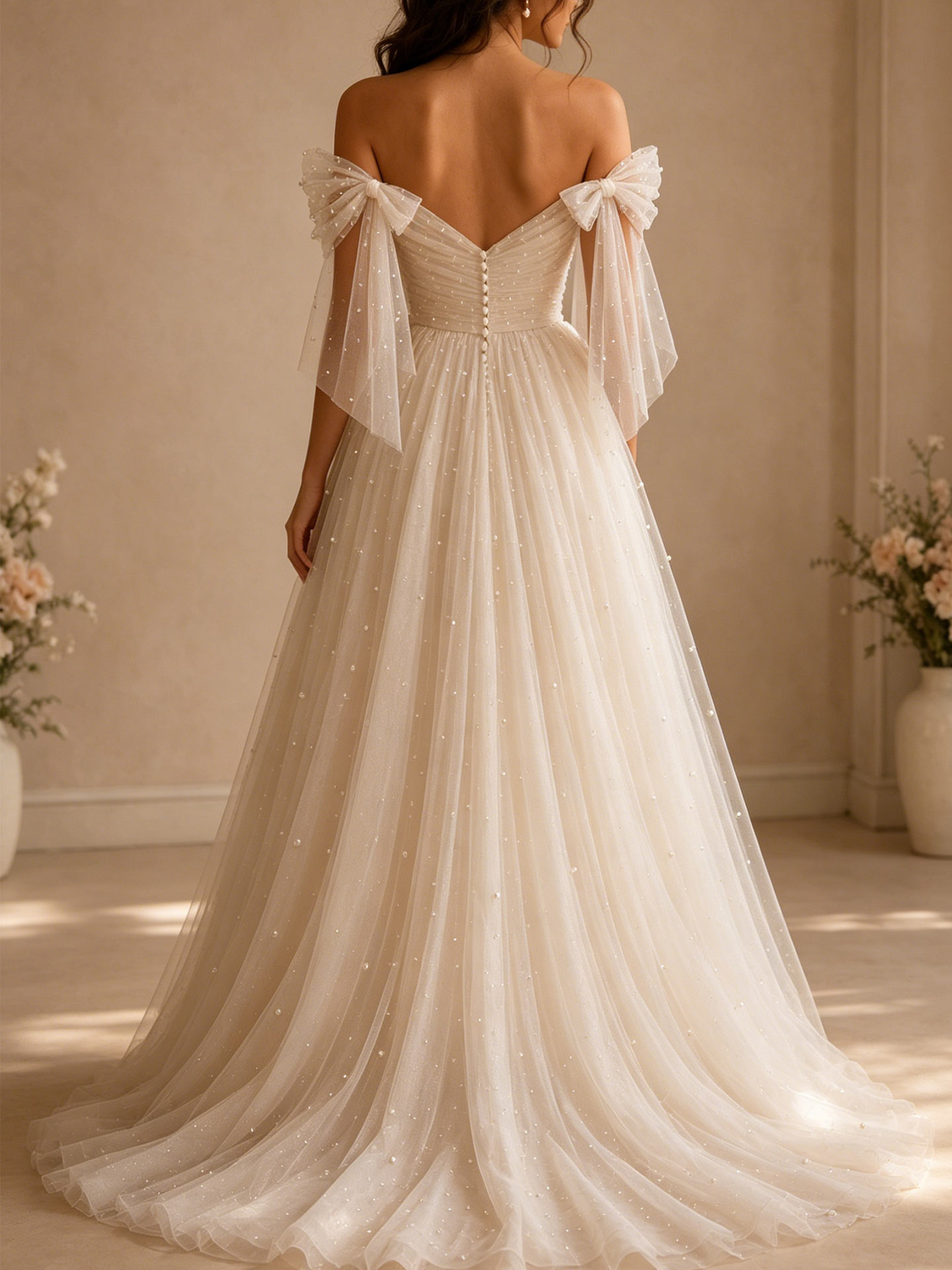 A-Line Off-The-Shoulder Sleeveless Court Train Satin/Tulle Wedding With Bow(s)/Beading/High Split