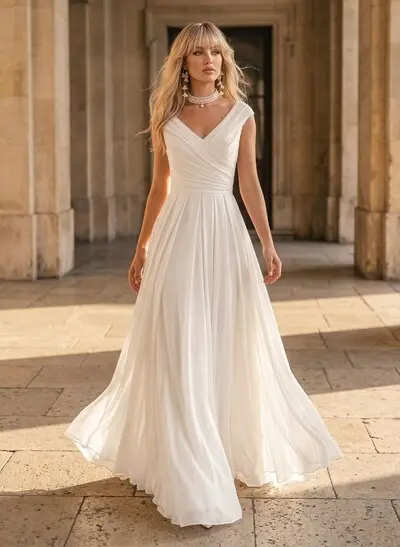 A-Line V-Neck Sleeveless Floor-Length Chiffon Wedding Dress