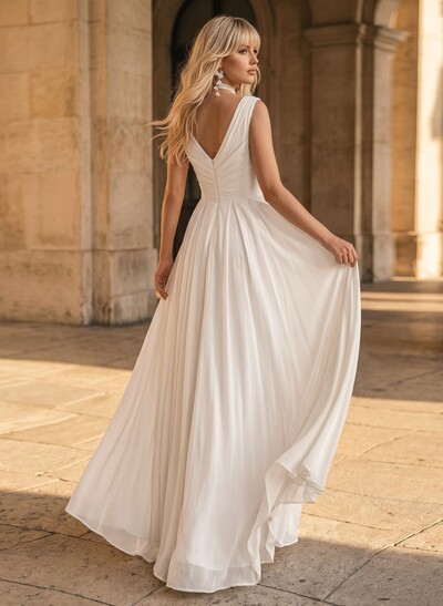 A-Line V-Neck Sleeveless Floor-Length Chiffon Wedding Dress