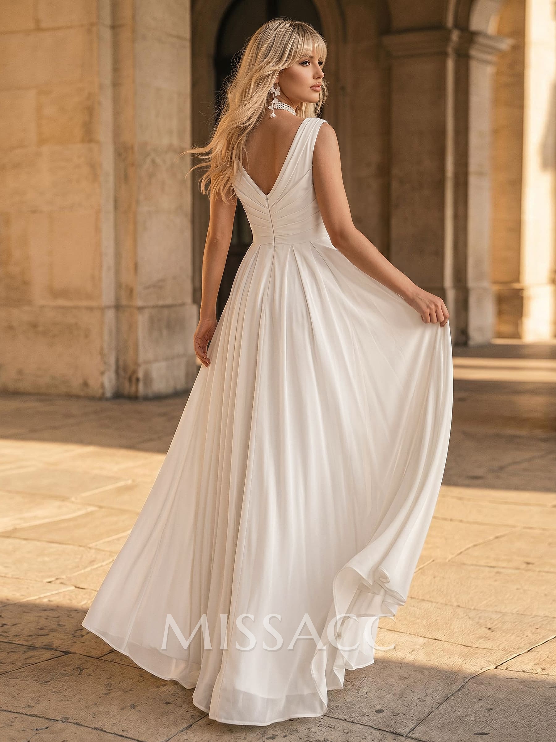 A-Line V-Neck Sleeveless Floor-Length Chiffon Wedding Dress