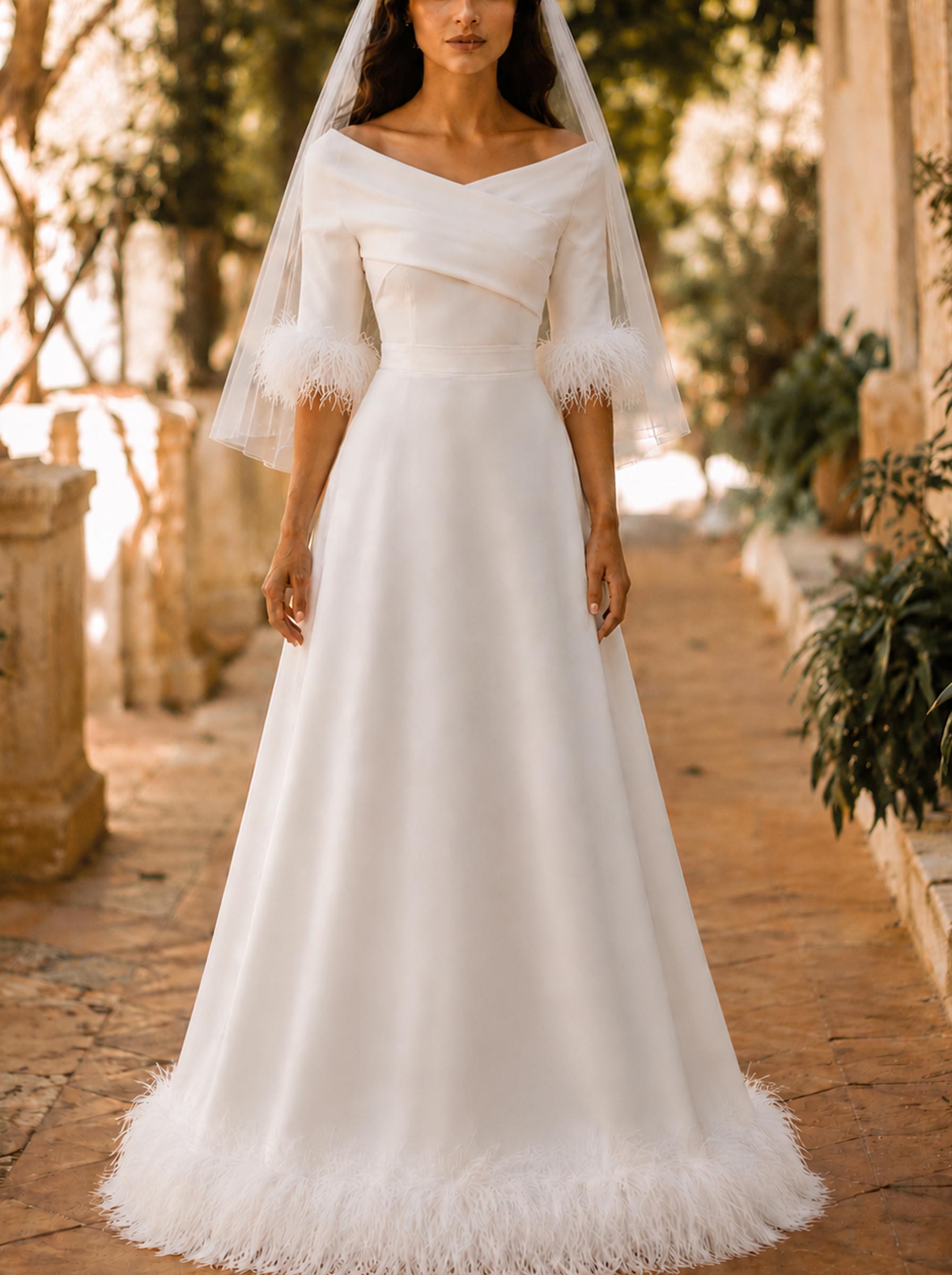 A-Line Sweetheart 1/2 Sleeves Floor-Length Elastic Satin Bride Wedding Dress