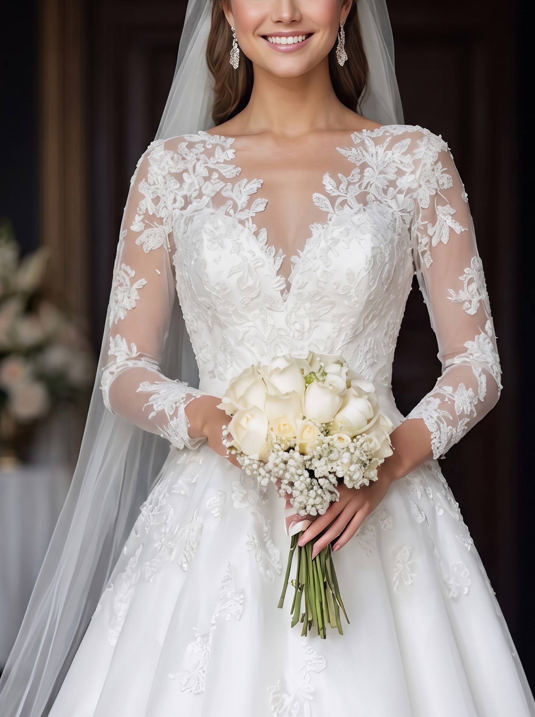 Ball-Gown V-Neck Long Sleeves Chapel Train Lace/Tulle Bride Wedding Dress With Appliques Lace