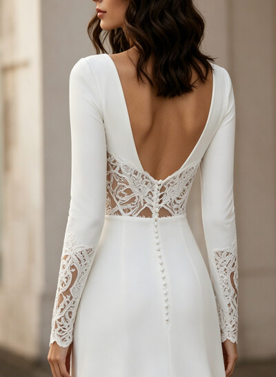 A-Line Scoop Neck Long Sleeves Sweep Train Elastic Satin Wedding Dresses With Lace