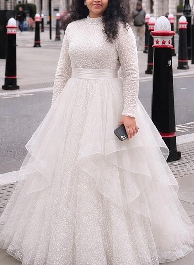 Ball-Gown High Neck Long Sleeves Sweep Train Bride Wedding Dress With Ruffle
