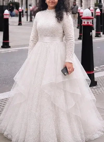 Ball-Gown High Neck Long Sleeves Sweep Train Bride Wedding Dress With Ruffle