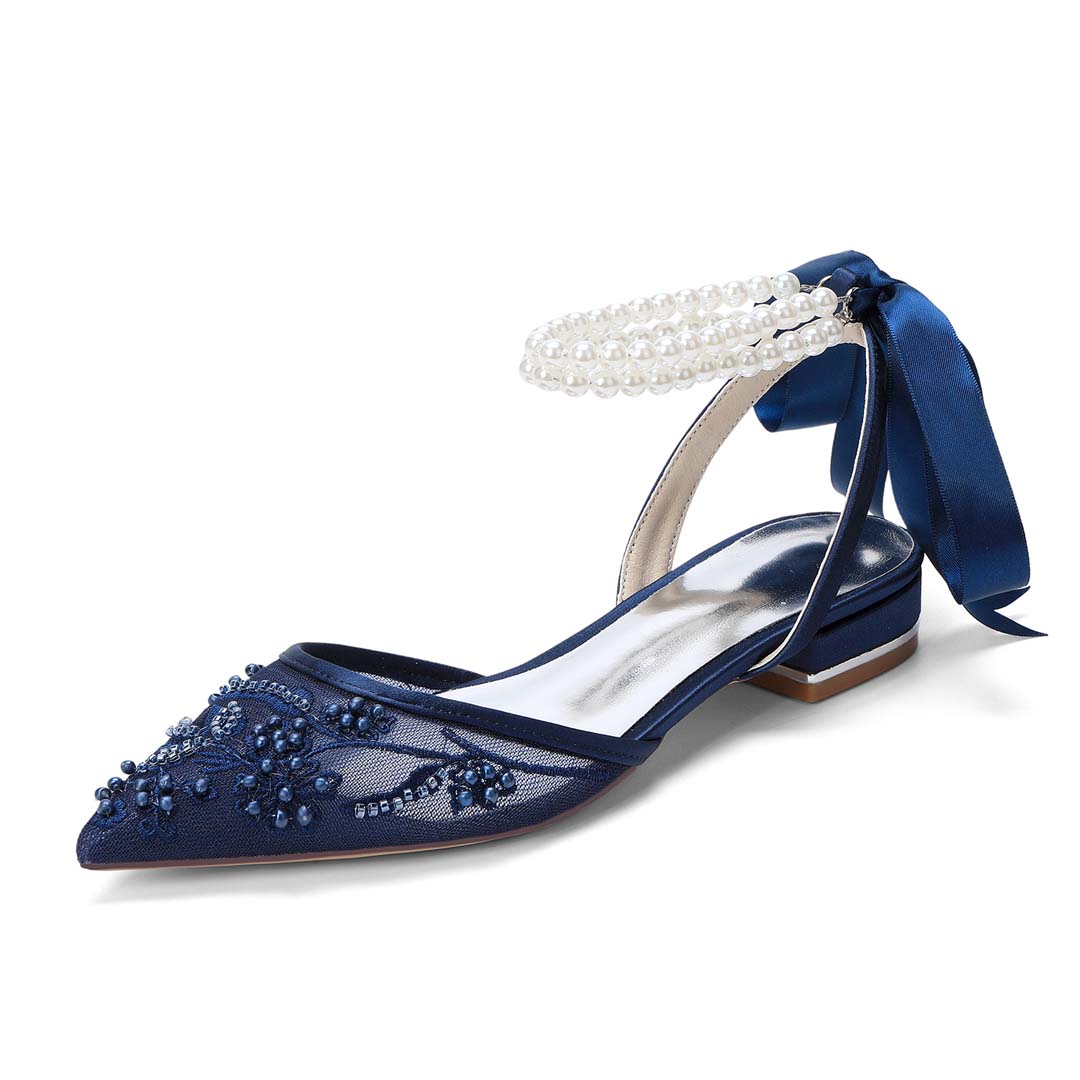 Flat Heel Lace/Silk Like Satin Point Toe Wedding Shoes With Imitation Pearl/Lace