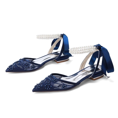 Flat Heel Lace/Silk Like Satin Point Toe Wedding Shoes With Imitation Pearl/Lace