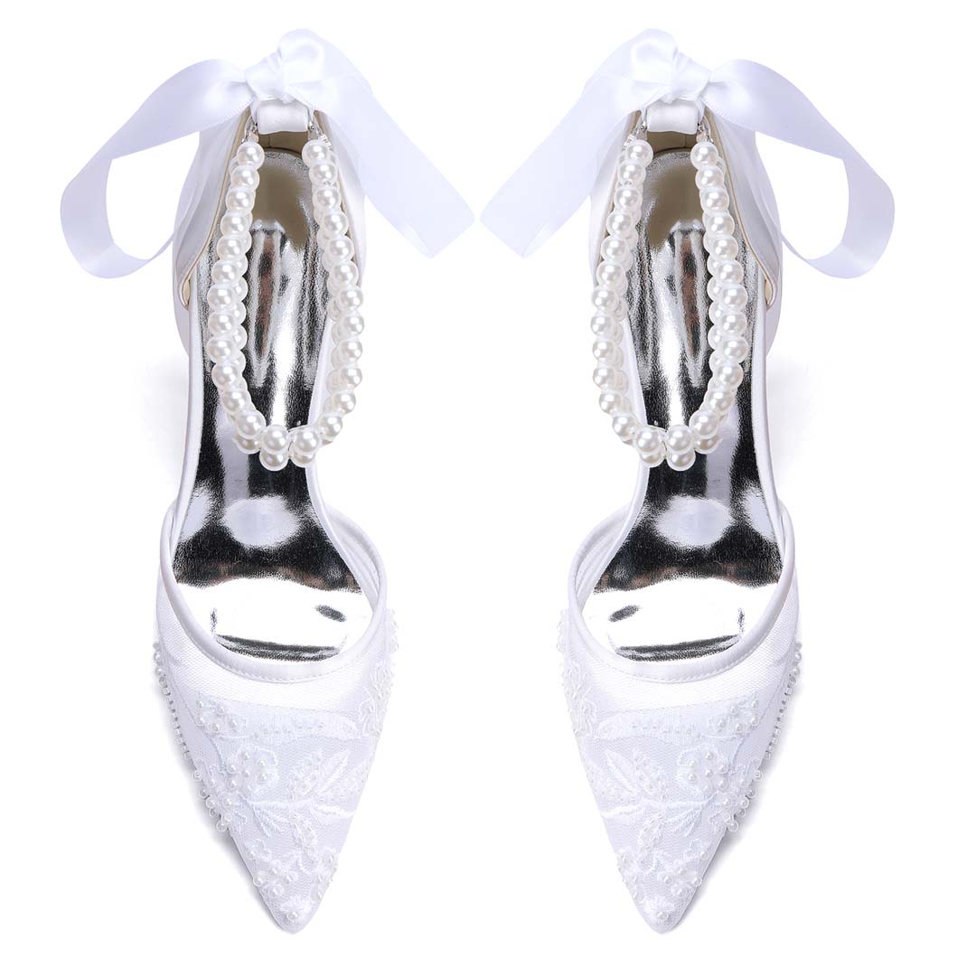 Chunky Heel Lace/Silk Like Satin Point Toe Wedding Shoes With Imitation Pearl/Lace