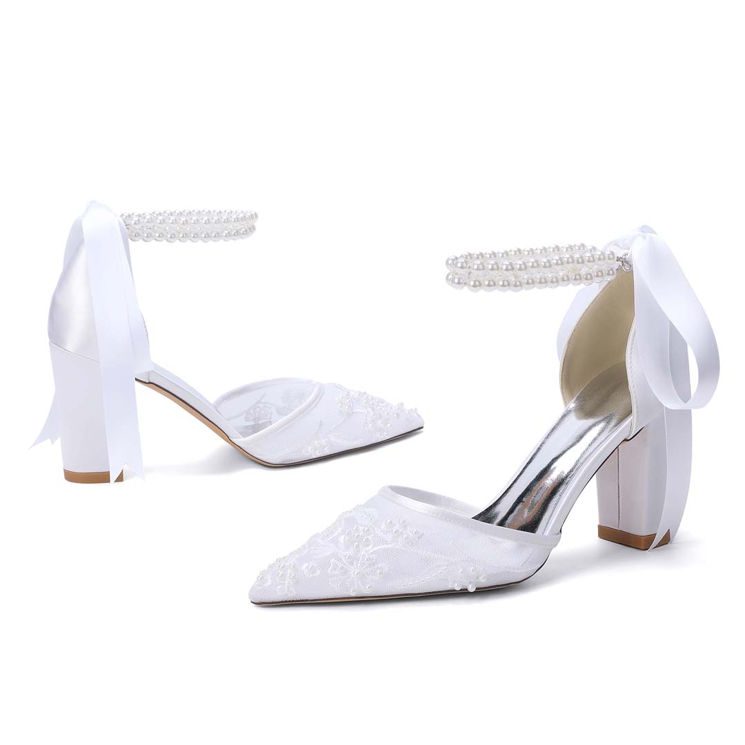 Chunky Heel Lace/Silk Like Satin Point Toe Wedding Shoes With Imitation Pearl/Lace