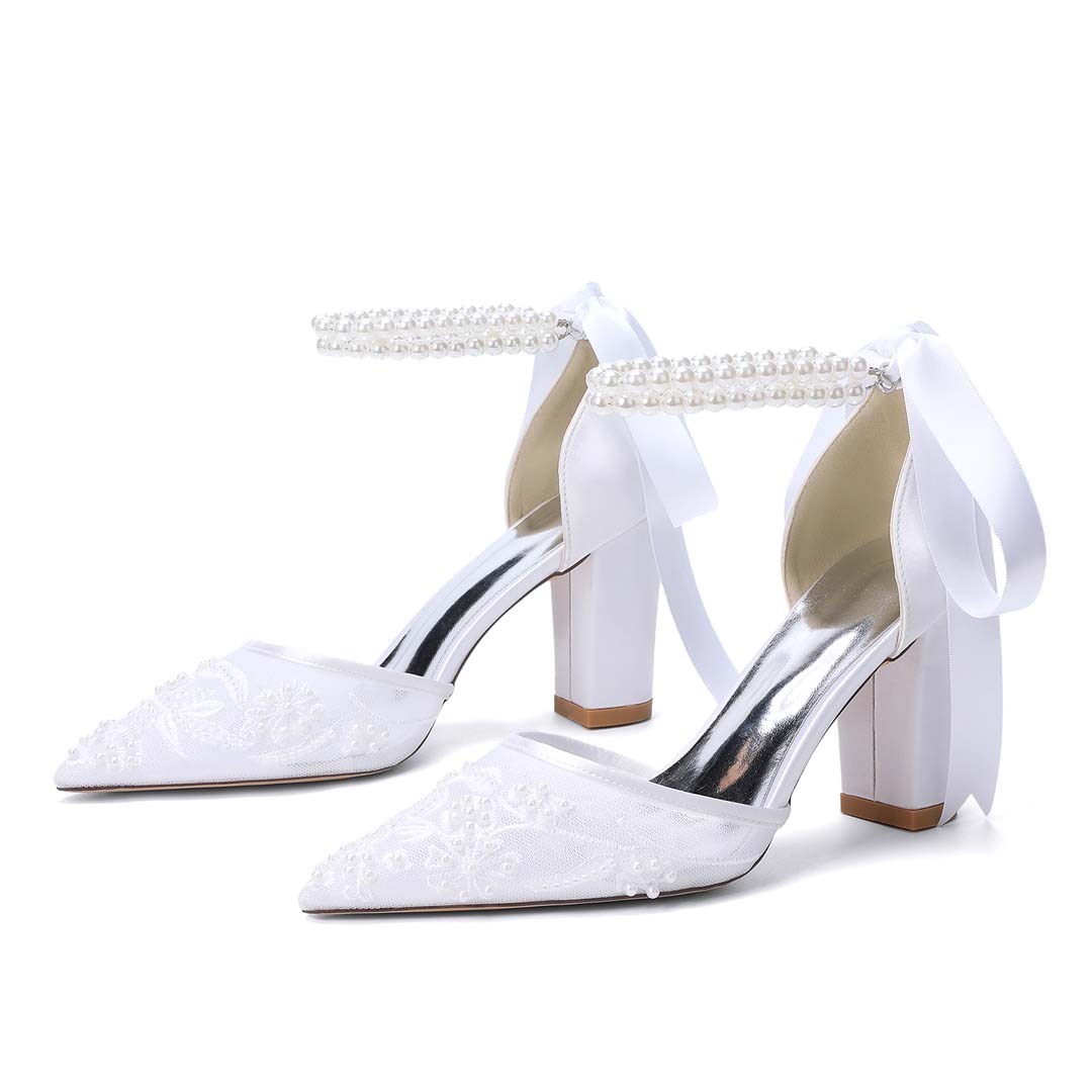 Chunky Heel Lace/Silk Like Satin Point Toe Wedding Shoes With Imitation Pearl/Lace