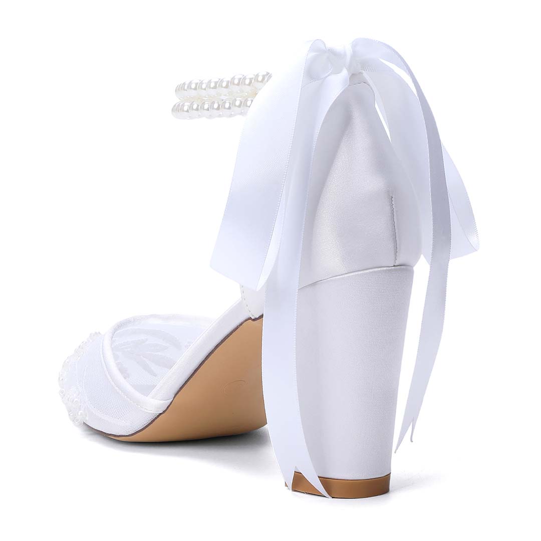 Chunky Heel Lace/Silk Like Satin Point Toe Wedding Shoes With Imitation Pearl/Lace