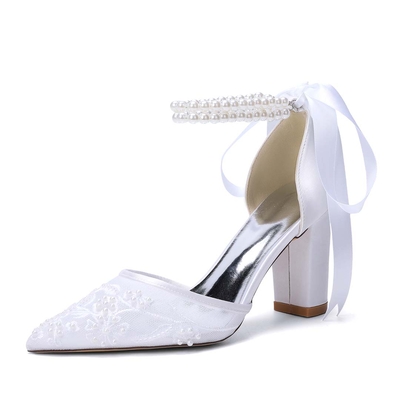 Chunky Heel Lace/Silk Like Satin Point Toe Wedding Shoes With Imitation Pearl/Lace